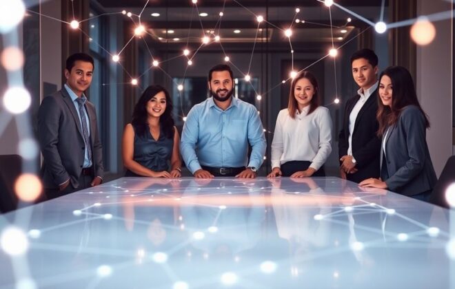 Diverse team collaborating on a digital marketing strategy.