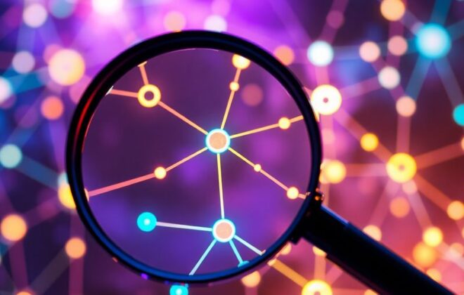 Magnifying glass over a network of connected ideas.