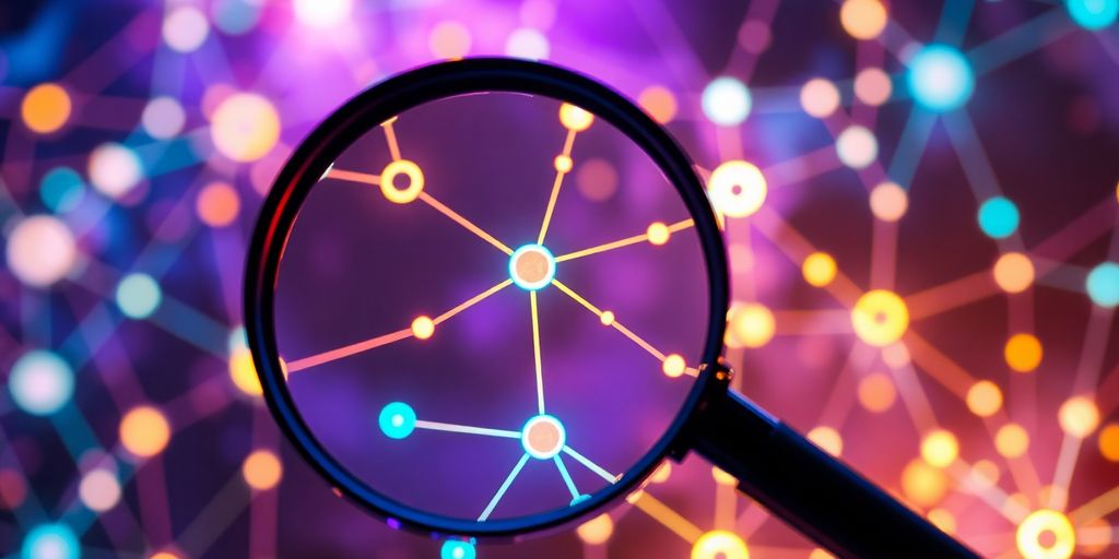 Magnifying glass over a network of connected ideas.