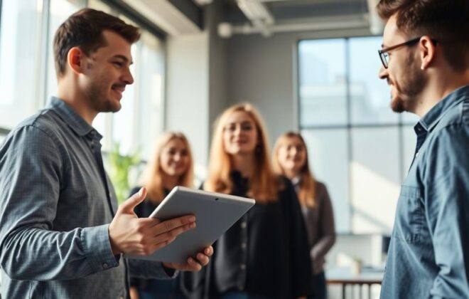 Business professional shaking hands with advertising agency representative.