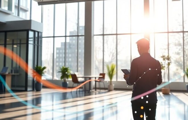 Business professional interacting with technology, growth visuals.