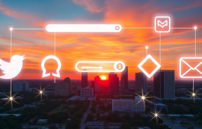 Orlando skyline with digital marketing icons