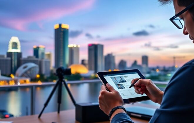 Orlando skyline with a person sketching a website layout.