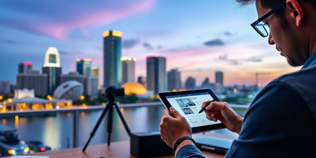 Orlando skyline with a person sketching a website layout.