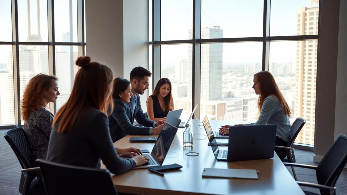 Team discussing SEO strategy in a bright modern office