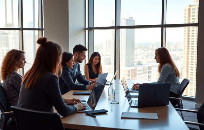 Team discussing SEO strategy in a bright modern office