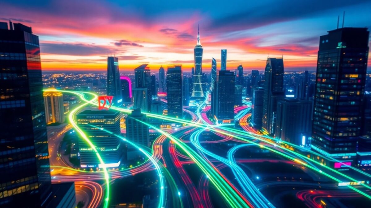 Futuristic cityscape with glowing digital pathways at dusk.