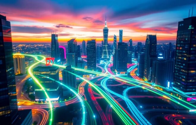 Futuristic cityscape with glowing digital pathways at dusk.