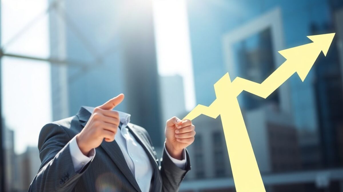 Businessperson pointing at upward arrow, symbolizing growth.