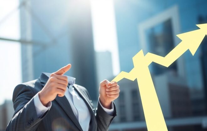 Businessperson pointing at upward arrow, symbolizing growth.