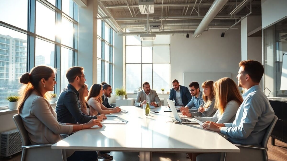 Business professionals collaborating in a modern office.