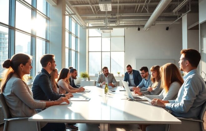 Business professionals collaborating in a modern office.