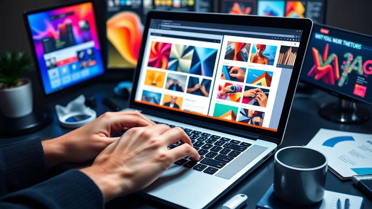 Designer's hands crafting a website on a laptop.
