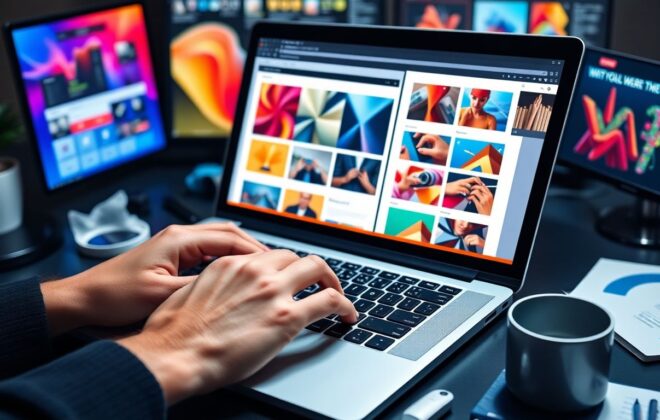 Designer's hands crafting a website on a laptop.