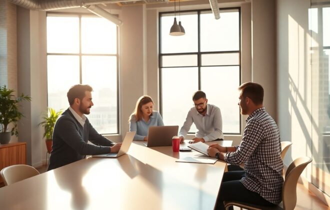 Team collaborating on digital marketing strategy for business growth.