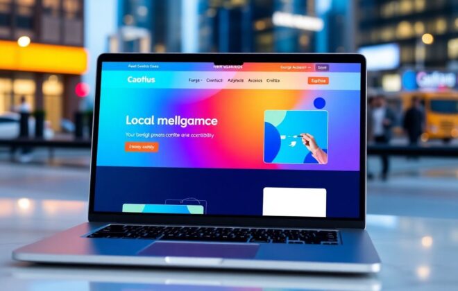 Modern website on a laptop with a city background.