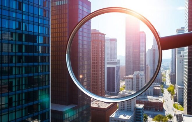 Magnifying glass over city buildings