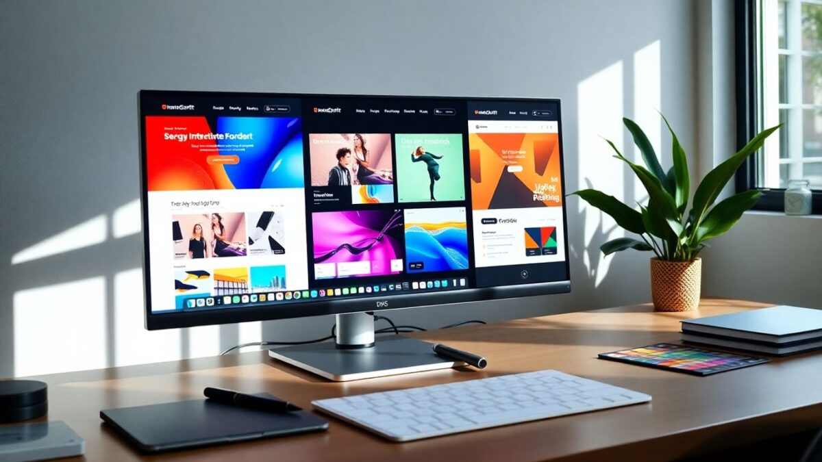 Web designer's workspace with monitor, stylus, and color palette.