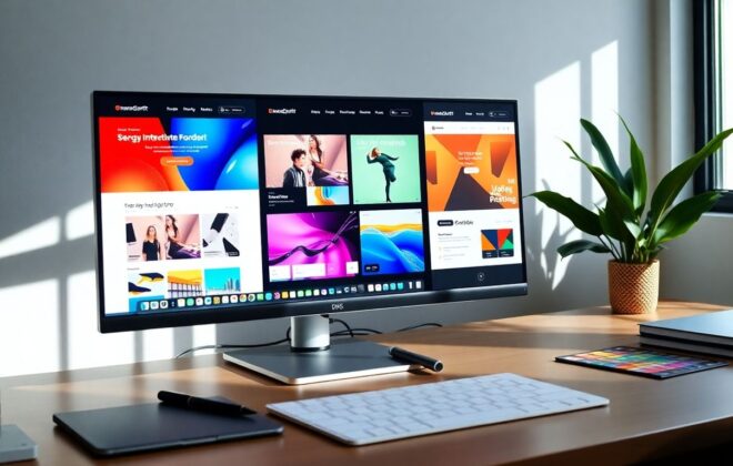 Web designer's workspace with monitor, stylus, and color palette.