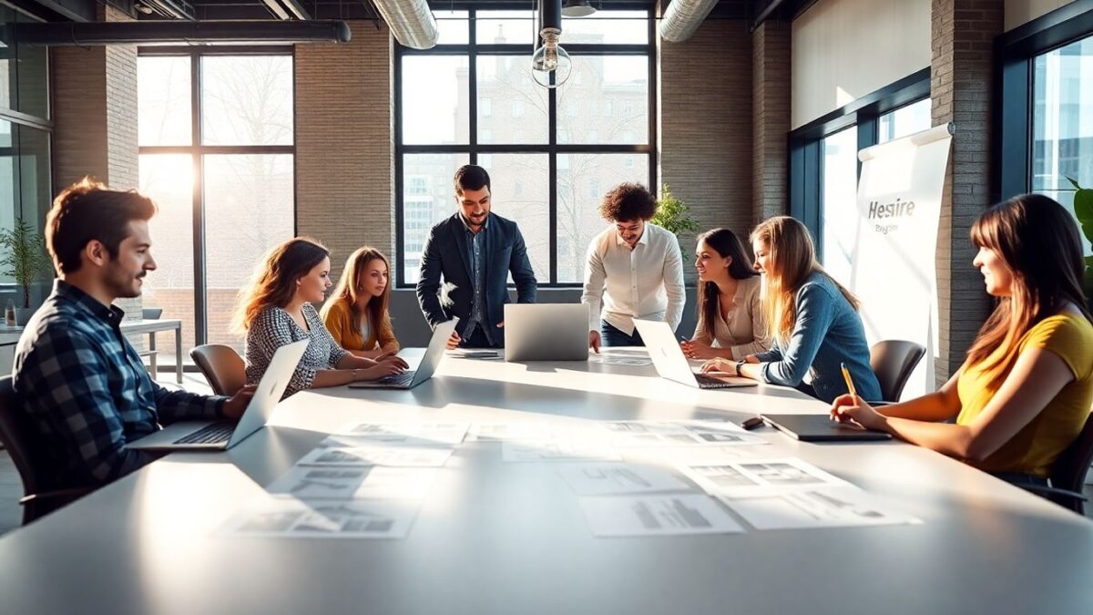Team collaborating on website design in a modern office.