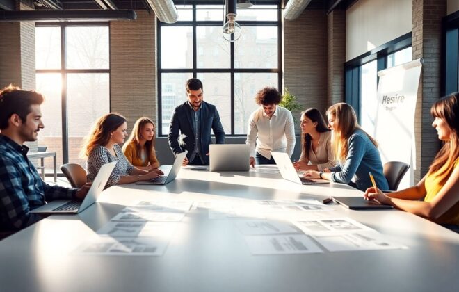 Team collaborating on website design in a modern office.