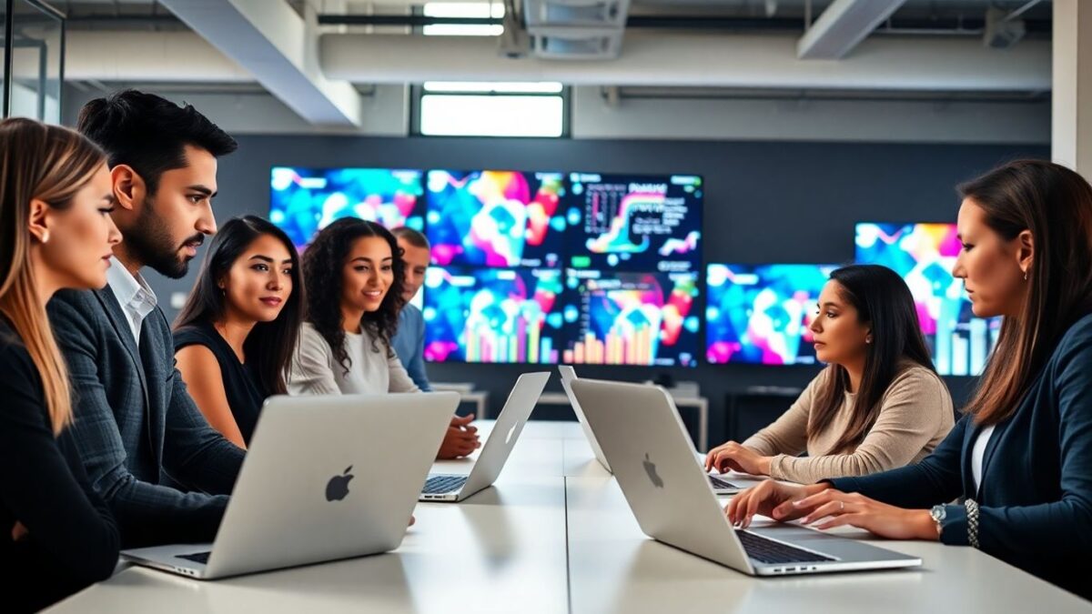Team of marketers collaborating in modern digital office