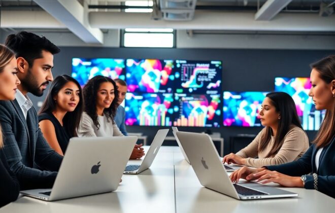 Team of marketers collaborating in modern digital office