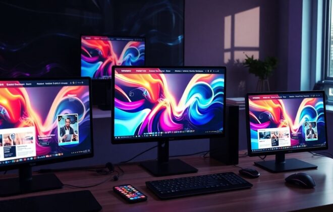 Modern workspace with futuristic website development setup