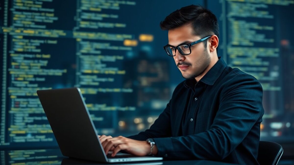 Web developer working on a laptop with code.