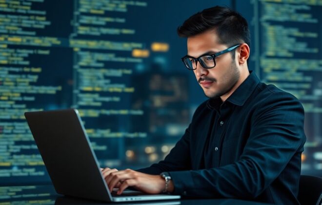 Web developer working on a laptop with code.