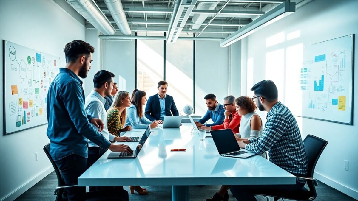 Team collaborating in a bright, modern office.