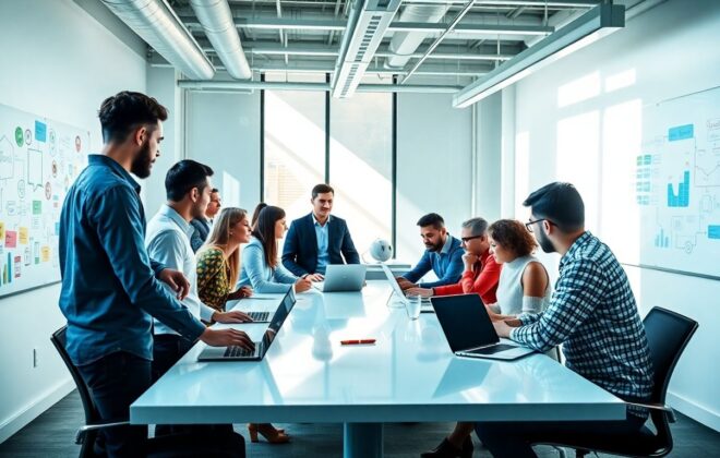 Team collaborating in a bright, modern office.