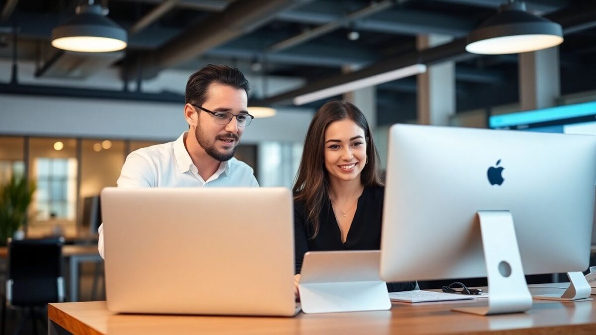 Business owner and developer collaborating in office
