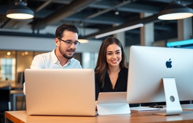Business owner and developer collaborating in office