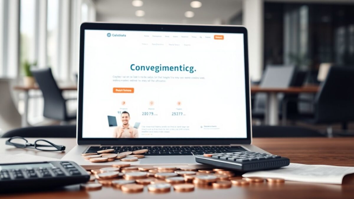Website design cost breakdown with coins and calculator.