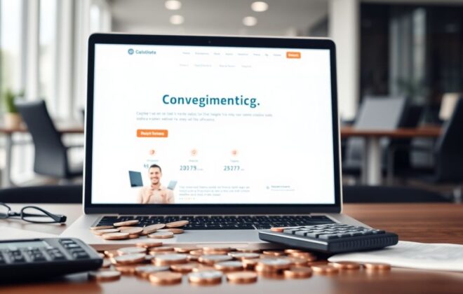 Website design cost breakdown with coins and calculator.