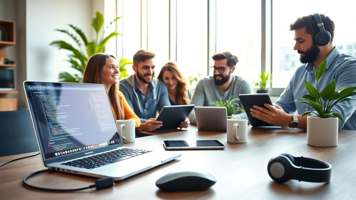 Young web developers collaborating at a modern workspace