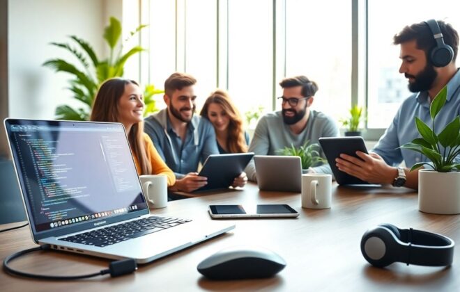 Young web developers collaborating at a modern workspace