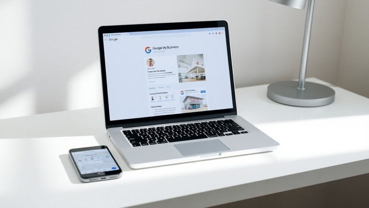 Google My Business profile on a laptop screen.