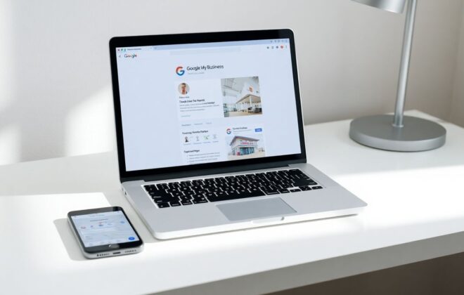 Google My Business profile on a laptop screen.