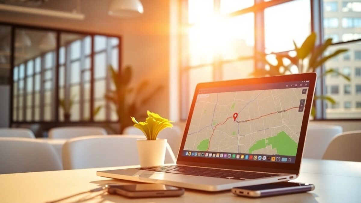 Laptop with map, smartphone, and office plant.