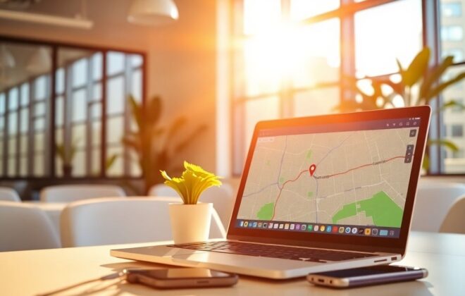 Laptop with map, smartphone, and office plant.