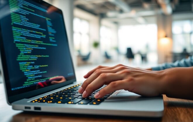 Web developer working on a laptop with code.