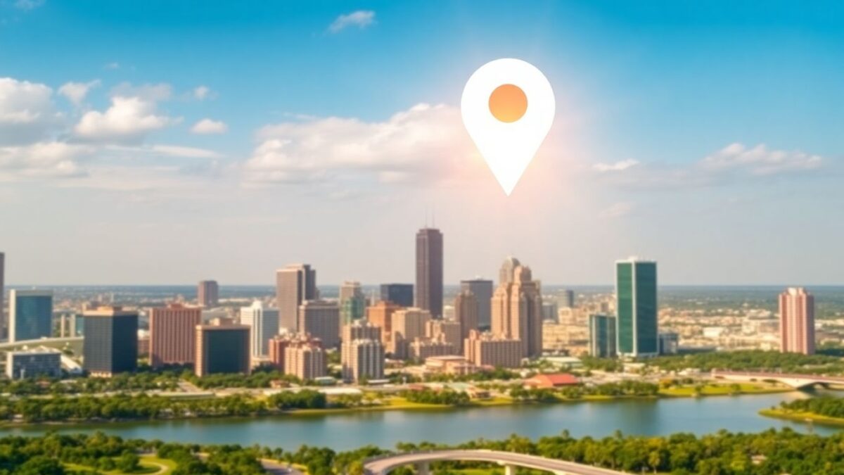Orlando skyline with a glowing Google Maps pin.