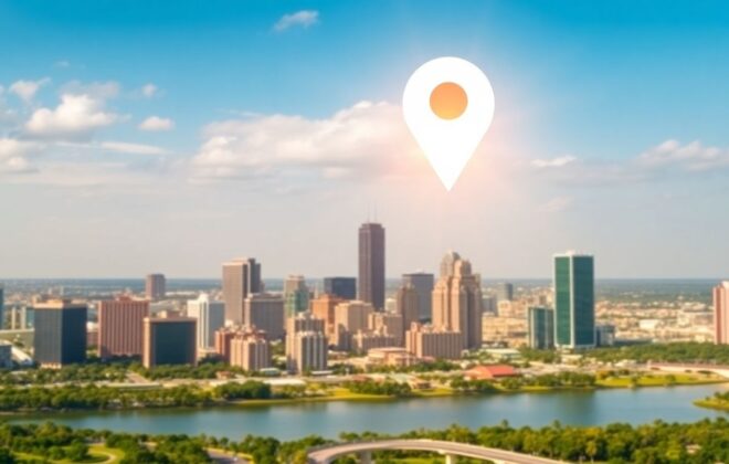 Orlando skyline with a glowing Google Maps pin.