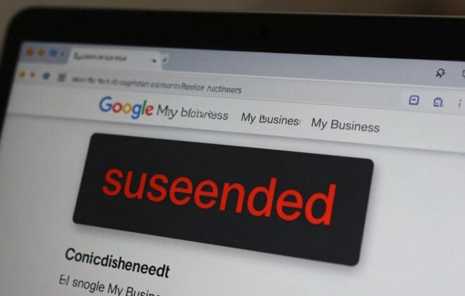 Suspended Google My Business listing on a laptop screen.