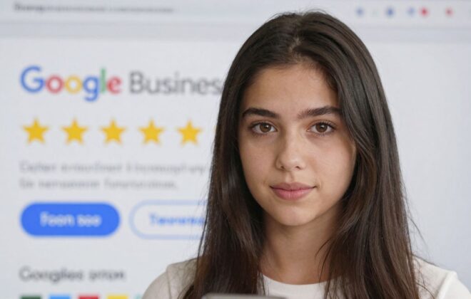 Google Business profile with star ratings and review prompt.