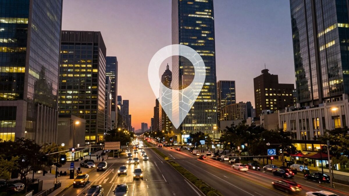 Cityscape with map pin icon
