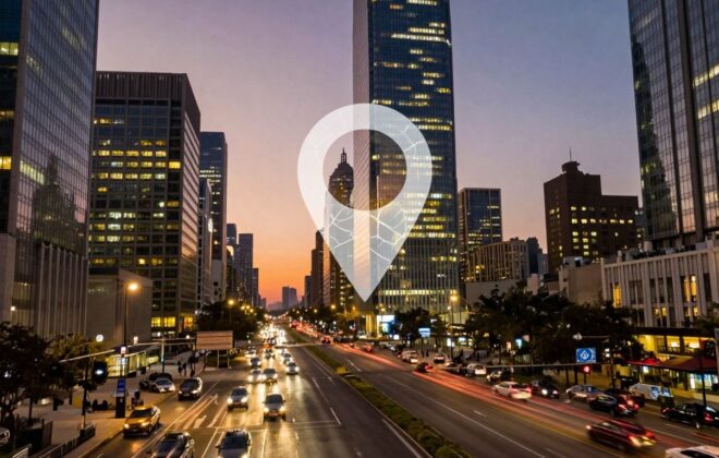 Cityscape with map pin icon