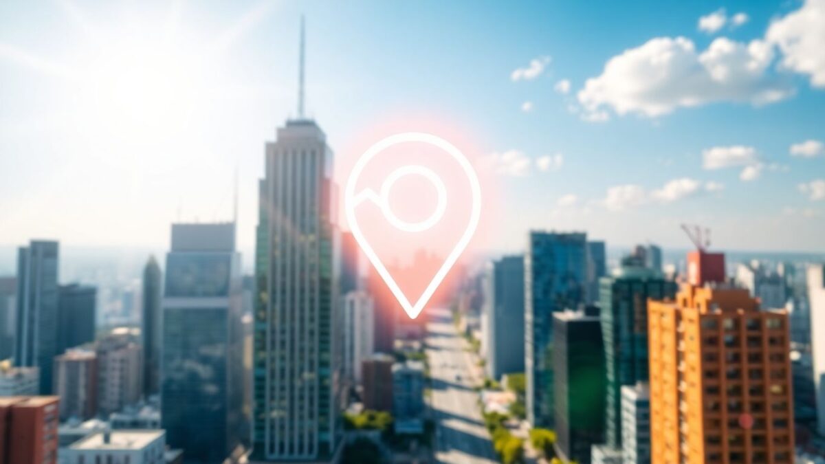 Google Business Profile map pin over cityscape